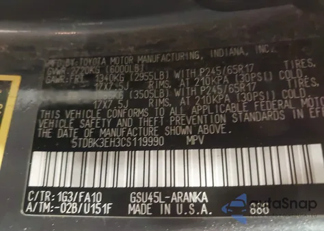 2012 Toyota Highlander Base V6 z USA, uszkodzony, nr VIN 5TDBK3EH3CS119990